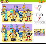 Cartoon Illustration of Finding Seven Differences Between Pictures Educational Activity Game for Children with Funny Robots Fantasy Characters Group