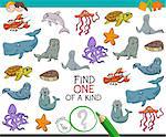 Cartoon Illustration of Find One of a Kind Picture Educational Activity Game for Kids with Marine Life Animal Characters