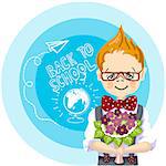 smile boy with bouquet flowers stand near blue background, with letters and paintings, back to school, white chalk, drawing airplane and globe with chalk on a blackboard, red glasses