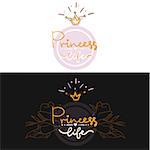 set of trendy hand paint girl lettering on black background, logo with gold color siluete flowers, Crown Princess, girl life, projekt for cup, bag, t-short, Party Bridal shower Hen Birthday card