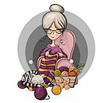 color hand paint cartoon character happy cute smiling Granny woman with glasses sits in a Chair and knitting needles striped, cat sleeps near around the scattered balls