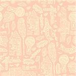 Doodle hand drawn town seamless pattern. Pastel abstract wallpaper. Vector illustration for your cute design. car, house, plane, balloon, rocket.