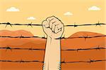 protest sign with hand fist and barbed wire as background and mountain desert vector graphic illustration