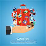 Vacation and Tourism Concept with Flat Icons Baggage Suitcase, passport, money, map in Hand. Isolated vector illustration