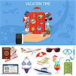 Vacation and Tourism Banner with Flat Icons Suitcase in Hand and Luggage, Trip, Cocktail, Island, Booking, Aircraft. Isolated vector illustration