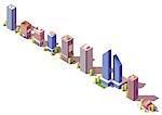 Vector low poly isometric modern city buildings, houses and stores set