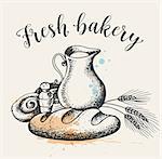 Vintage background with fresh bakery produkts and jug of milk. Hand drawn vector illustration