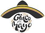 Cinco de Mayo. Black sombrero hat and lettering text for greeting card. Isolated on white vector illustration
