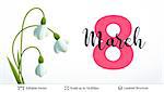 Spring flowers and 8 of March date. Editable vector background.