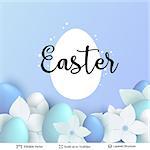 Colored eggs and flowers on blue backdrop. Editable vector illustration.