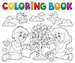 Coloring book kids planting tree - eps10 vector illustration.