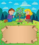 Small parchment and kids planting tree - eps10 vector illustration.