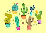 A collection of bright and happy cactus plant characters in colourful pots. Vector illustration.