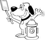 Black and white illustration of a dog taking a selfie with a fire hydrant.