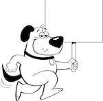 Black and white illustration of a dog running and holding a sign.