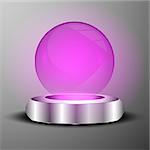 Vector illustration of clear purple illuminated sphere on plate metal emblem