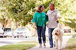 Senior Couple Walking Dog Along Suburban Street