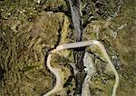 Aerial view of bridge crossing river, Huinchiri, Cusco, Peru