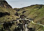 Landscape view of bridge crossing river ravine, Huinchiri, Cusco, Peru