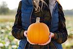 Mid section of woman holding pumpkin in pumpkin patch field