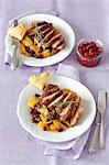 Duck breast with oranges, dried cranberries andcranberry onion chutney