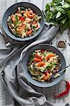 Salad with pasta, prawns, beans, chillis and baby leaf spinach