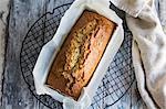 Coconut and lime cake in a baking tin