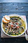 Spelt and mushroom soup with chard and chilli