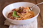 Tagliatelle with meatballs in tomato sauce