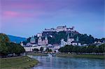 View of Salzach River and Hohensalzburg Castle above The Old City, UNESCO World Heritage Site, Salzburg, Austria, Europe