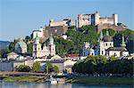 View of Salzach River and Hohensalzburg Castle above The Old City, UNESCO World Heritage Site, Salzburg, Austria, Europe