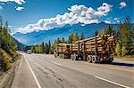 Timber laden Freightliner travelling on the Trans Canada Highway in Glacier National Park, British Columbia, Canada, North America