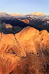 Aerial view of the rocky peaks of Roda Di Vael at sunset, Catinaccio Group (Rosengarten), Dolomites, South Tyrol, Italy