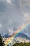 Rainbow and clouds over Tower Belvedere, Maloja Pass, Bregaglia Valley, Canton of Graubunden, Engadin, Switzerland