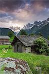 The alpine village of Soglio at dawn, Bregaglia Valley, Maloja Region, Canton of Graubunden, Switzerland