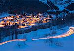 Alpine village of Fraciscio at dusk, Campodolcino, Chiavenna Valley, province of Sondrio, Valtellina, Lombardy, Italy