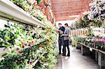 Caucasian man and woman shopping for new plants at a garden centre nursery.