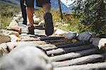 Feet of male hiker hiking along log footpath