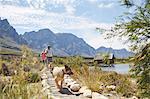 Hikers and dogs walking on footpath along sunny summer lake