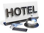 Hotel bell, sign and hotel keys 3D render illustration isolated on white background