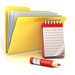 Folder icon with red pencil and notepad. 3D render illustration, isolated on white background