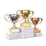 Gold, silver and bronze winners trophy cups 3D render illustration isolated on white background