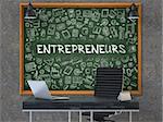 Entrepreneurs - Handwritten Inscription by Chalk on Green Chalkboard with Doodle Icons Around. Business Concept in the Interior of a Modern Office on the Dark Old Concrete Wall Background. 3D.