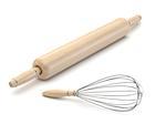 Wooden rolling pin and wire whisk. 3D render illustration isolated on white background