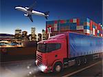 Truck, aircraft and cargo ship in a deposit ready to start to deliver. 3D Rendering