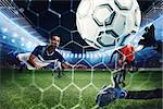 Soccer striker hits the ball with his head towards the net. 3D Rendering