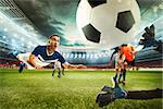 Soccer striker hits the ball with his head towards the net. 3D Rendering