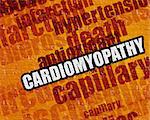 Medicine concept: Cardiomyopathy - on Brick Wall with Wordcloud Around . Cardiomyopathy on the Yellow Brick Wall .
