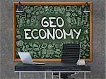 Geo Economy - Hand Drawn on Green Chalkboard in Modern Office Workplace. Illustration with Doodle Design Elements. 3D.