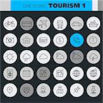 Trendy line icons - Tourism icons collection on colored round buttons, set 1